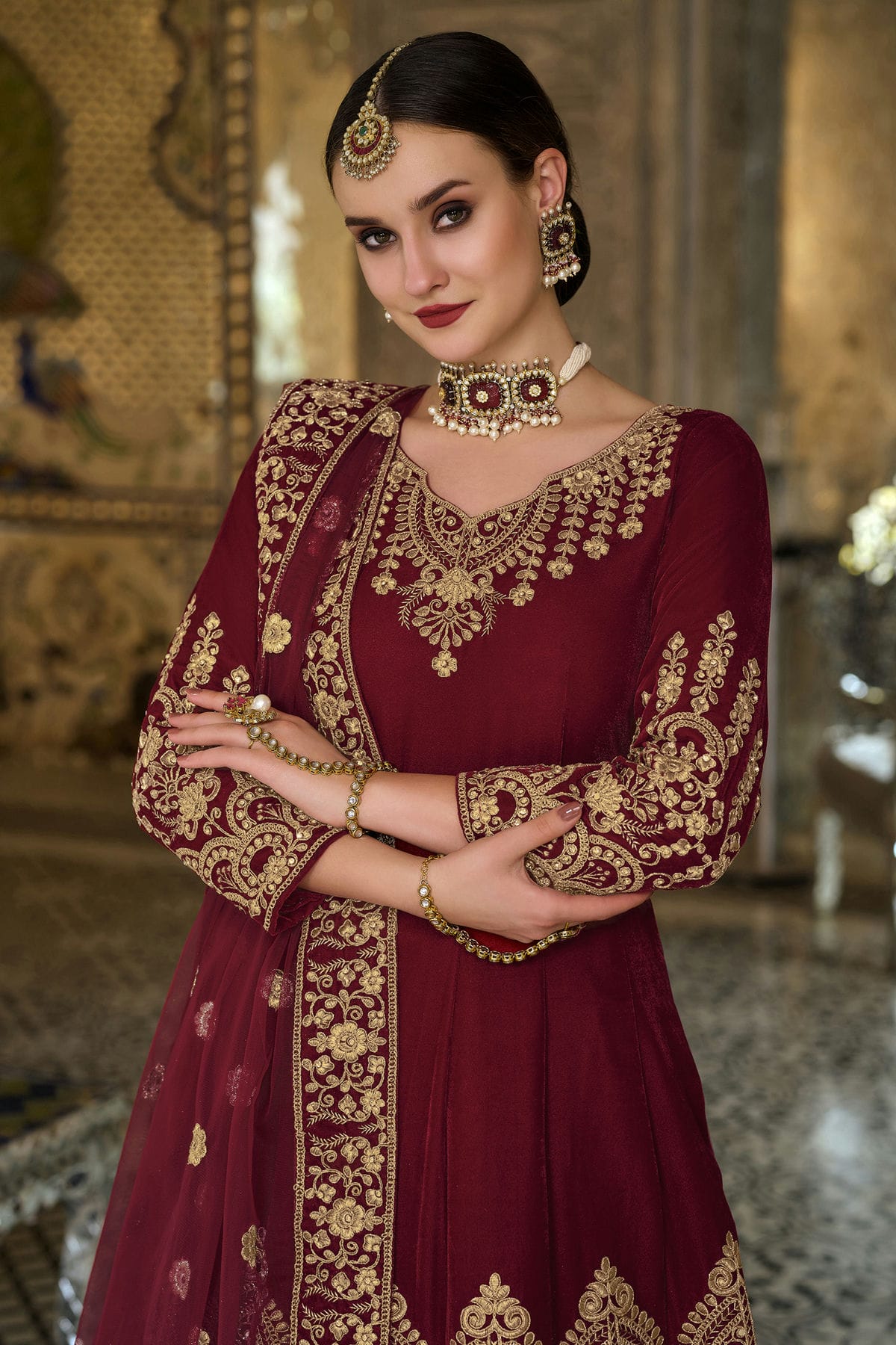 Maroon Colour Semi Stitched 9000 Velvet Anarkali Suit