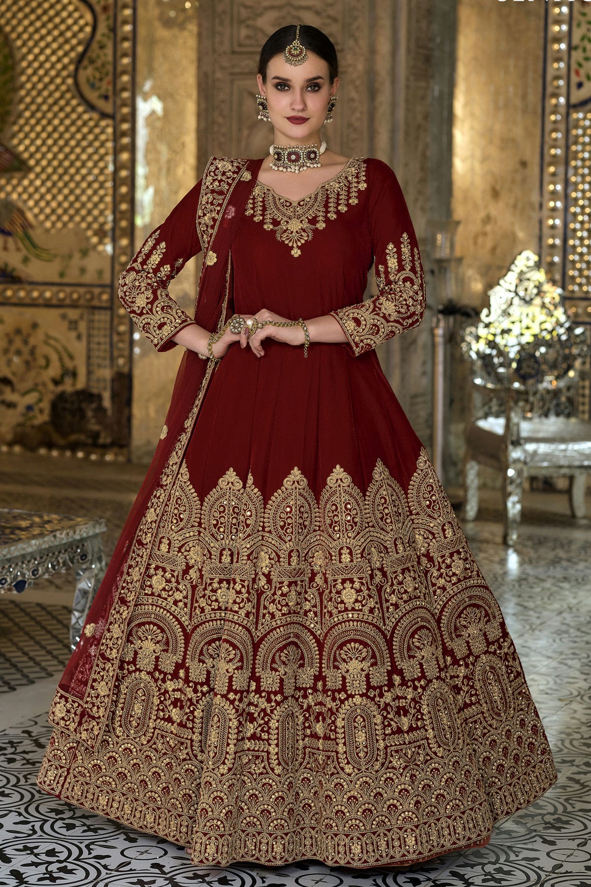 Maroon Colour Semi Stitched 9000 Velvet Anarkali Suit