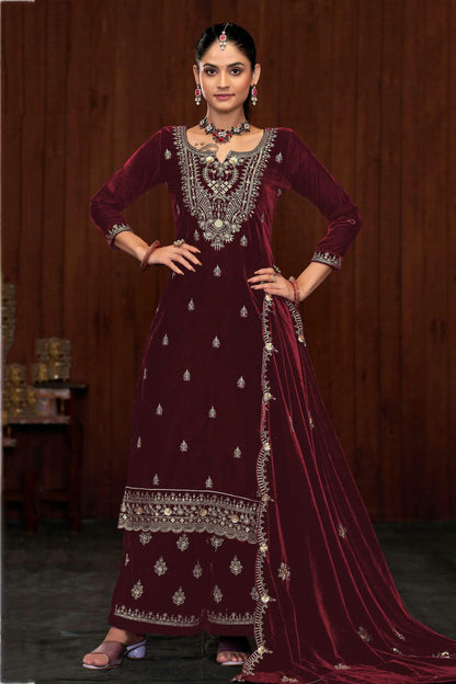 Maroon Colour Semi Stitched 9000 Velvet Palazzo Pant Suit