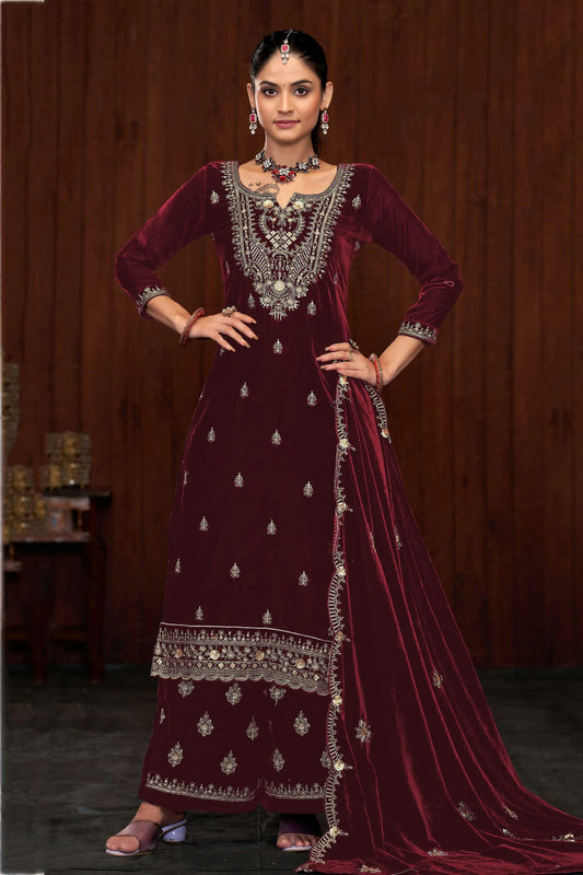 Maroon Colour Semi Stitched 9000 Velvet Palazzo Pant Suit