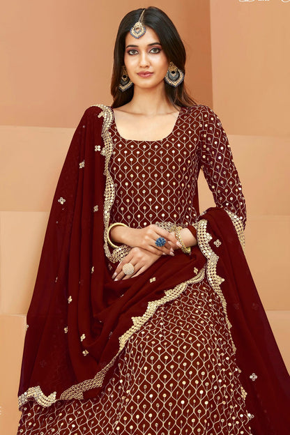 Maroon Colour Semi Stitched Faux Georgette Anarkali Suit