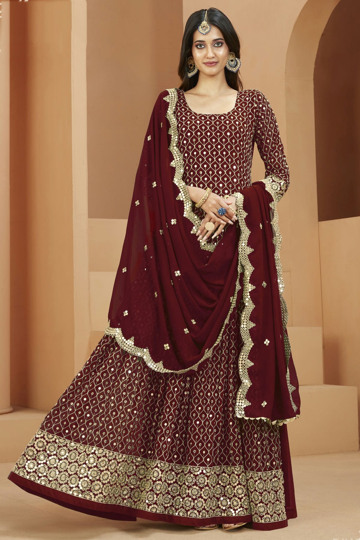 Maroon Colour Semi Stitched Faux Georgette Anarkali Suit