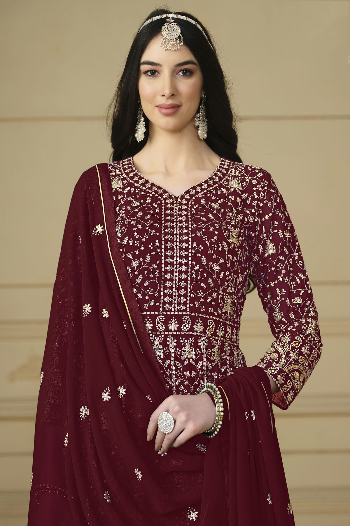 Maroon Colour Semi Stitched Faux Georgette Anarkali Suit