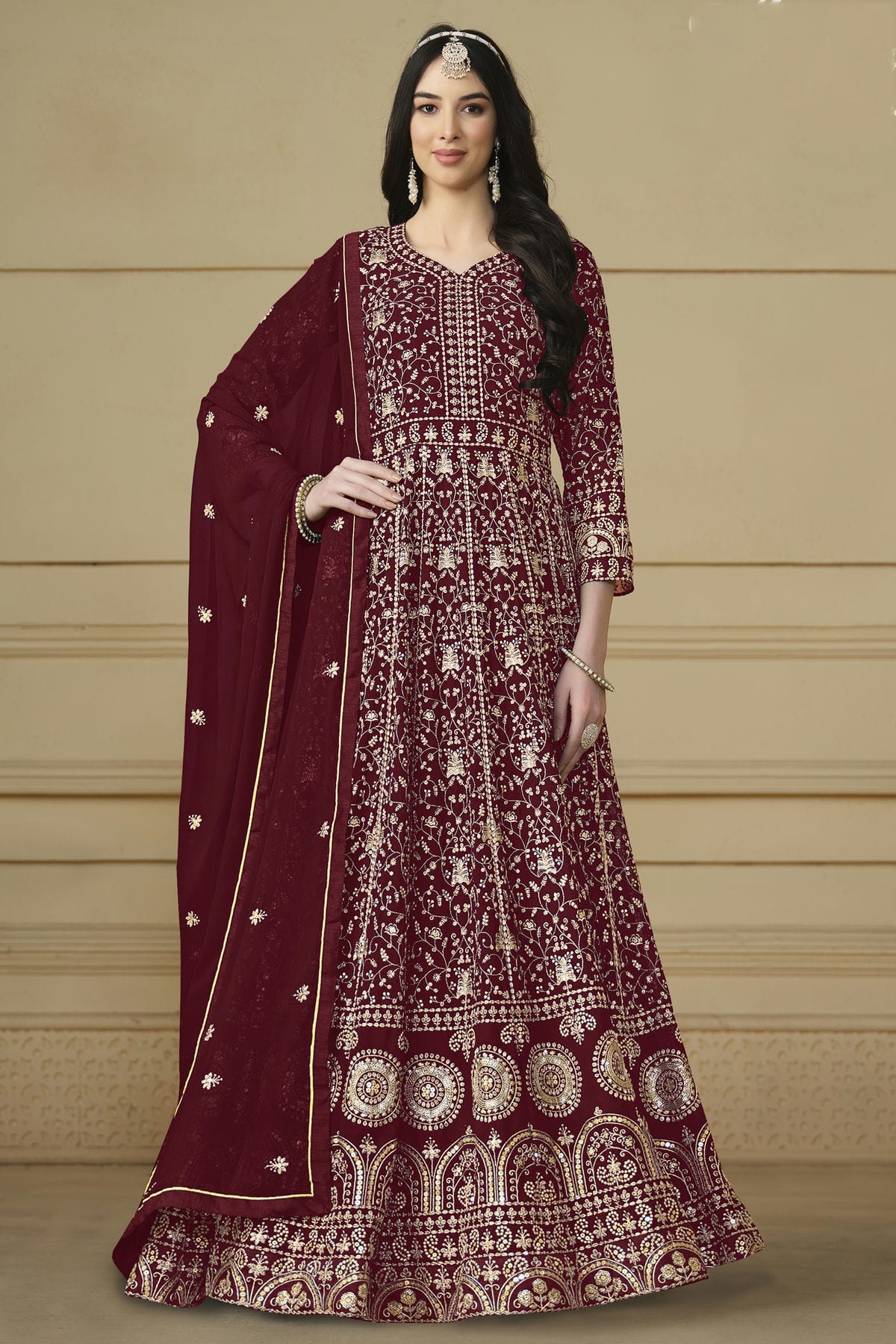 Maroon Colour Semi Stitched Faux Georgette Anarkali Suit