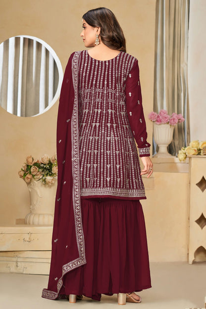 Maroon Colour Semi Stitched Faux Georgette Sharara Suit