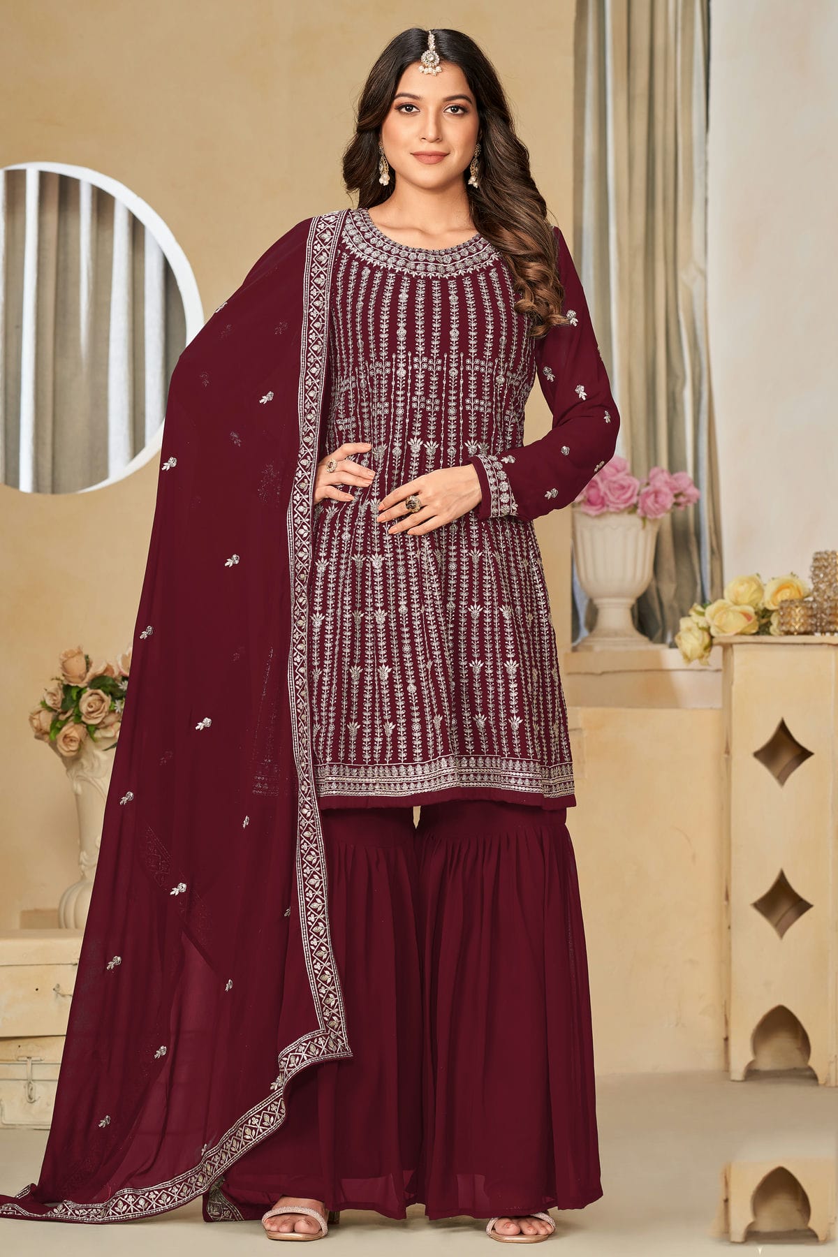 Maroon Colour Semi Stitched Faux Georgette Sharara Suit