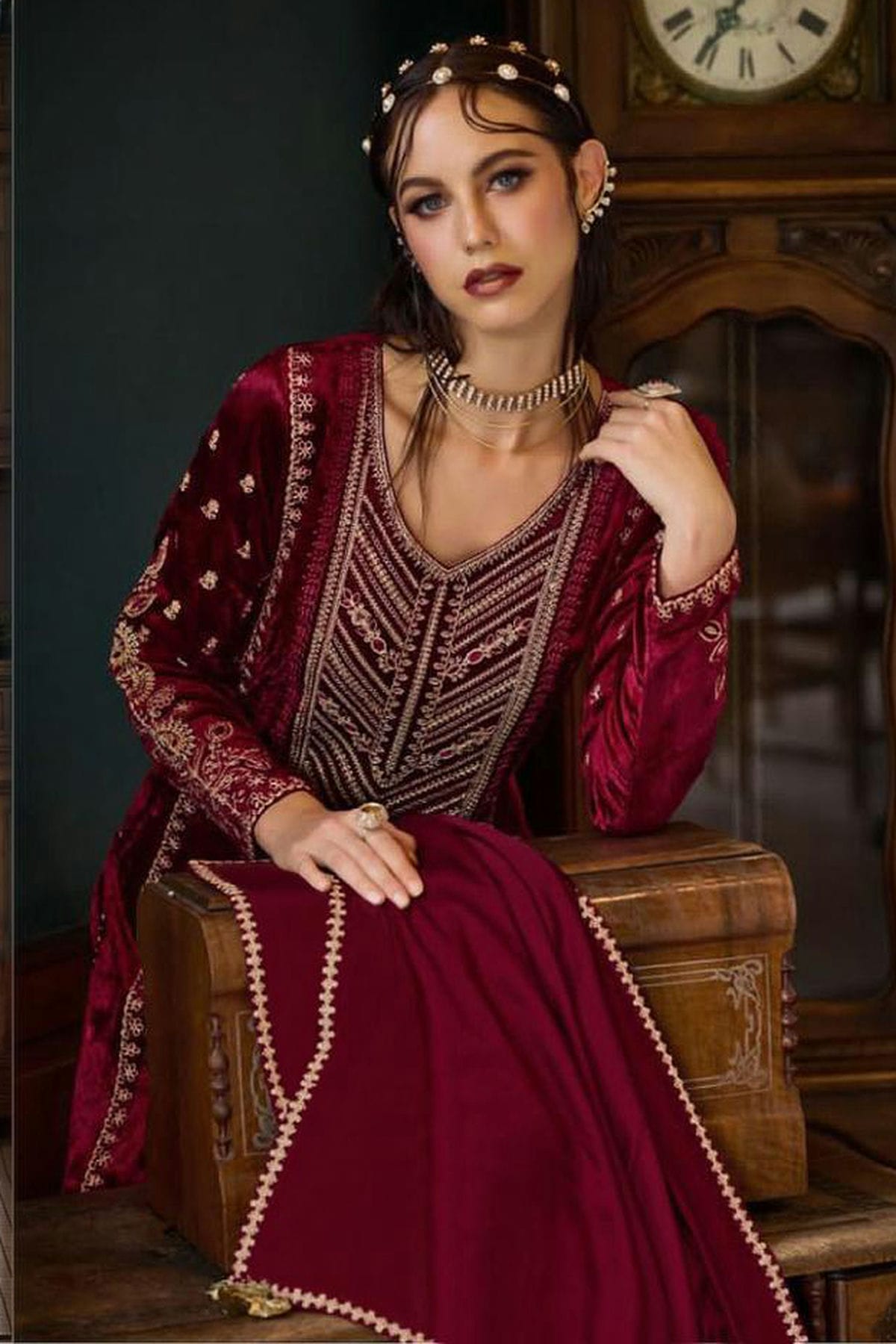 Maroon Colour Semi Stitched Pure Viscose Velvet Pant Style Suit