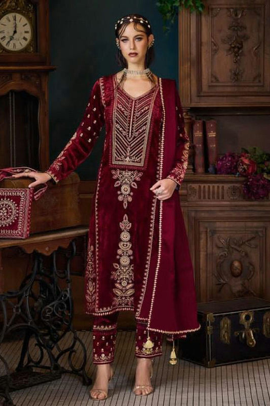 Maroon Colour Semi Stitched Pure Viscose Velvet Pant Style Suit