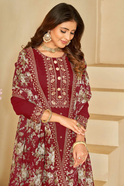 Maroon Colour Semi Stitched Roman Silk Pant Style Suit