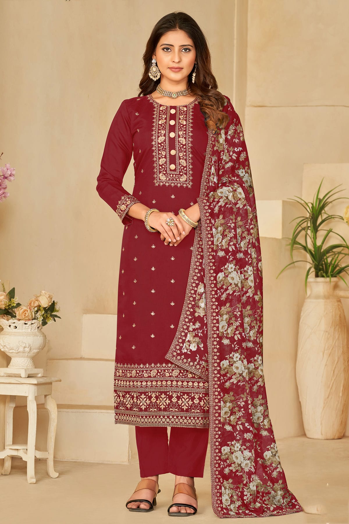 Maroon Colour Semi Stitched Roman Silk Pant Style Suit