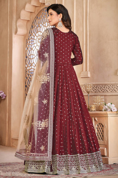 Maroon Colour Semi Stitched Taffeta Silk Anarkali Suit