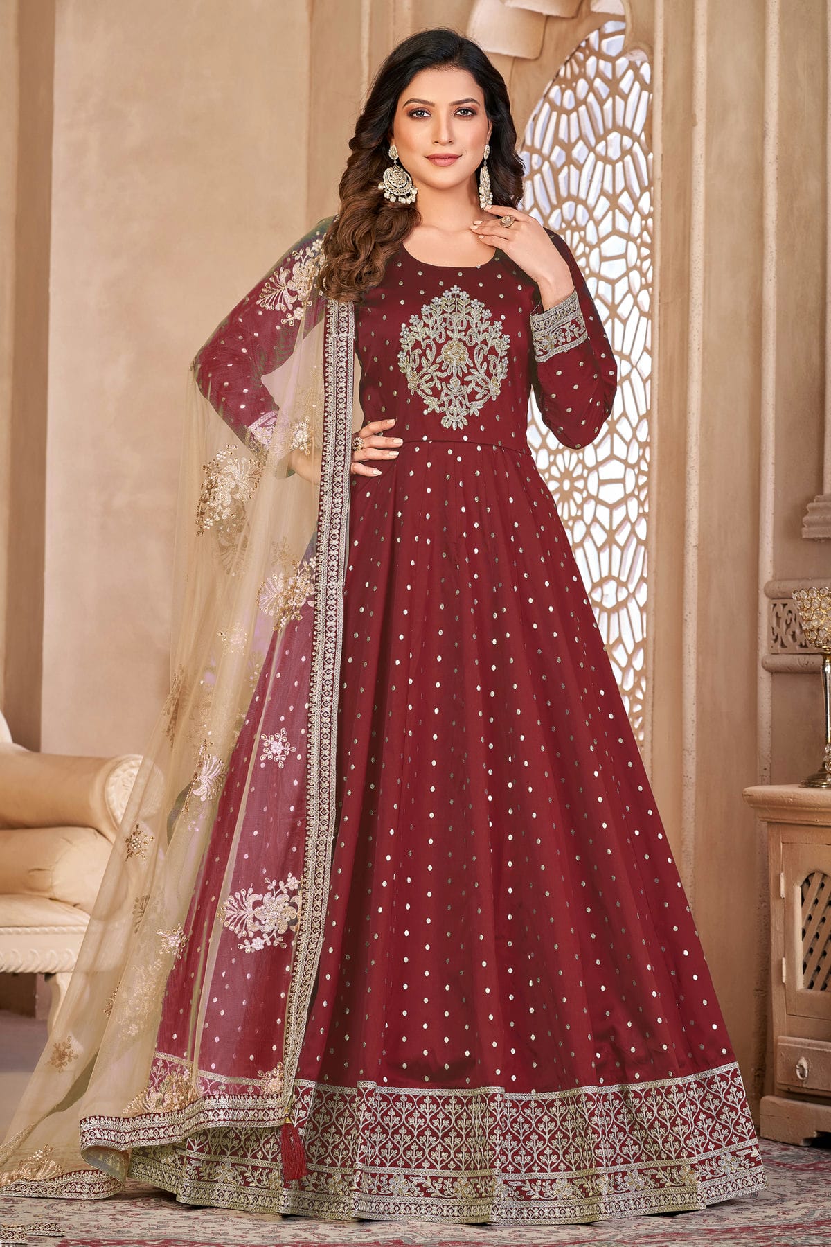 Maroon Colour Semi Stitched Taffeta Silk Anarkali Suit