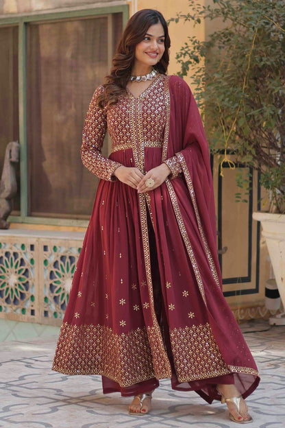 Maroon Colour Stitched Faux Georgette Gown