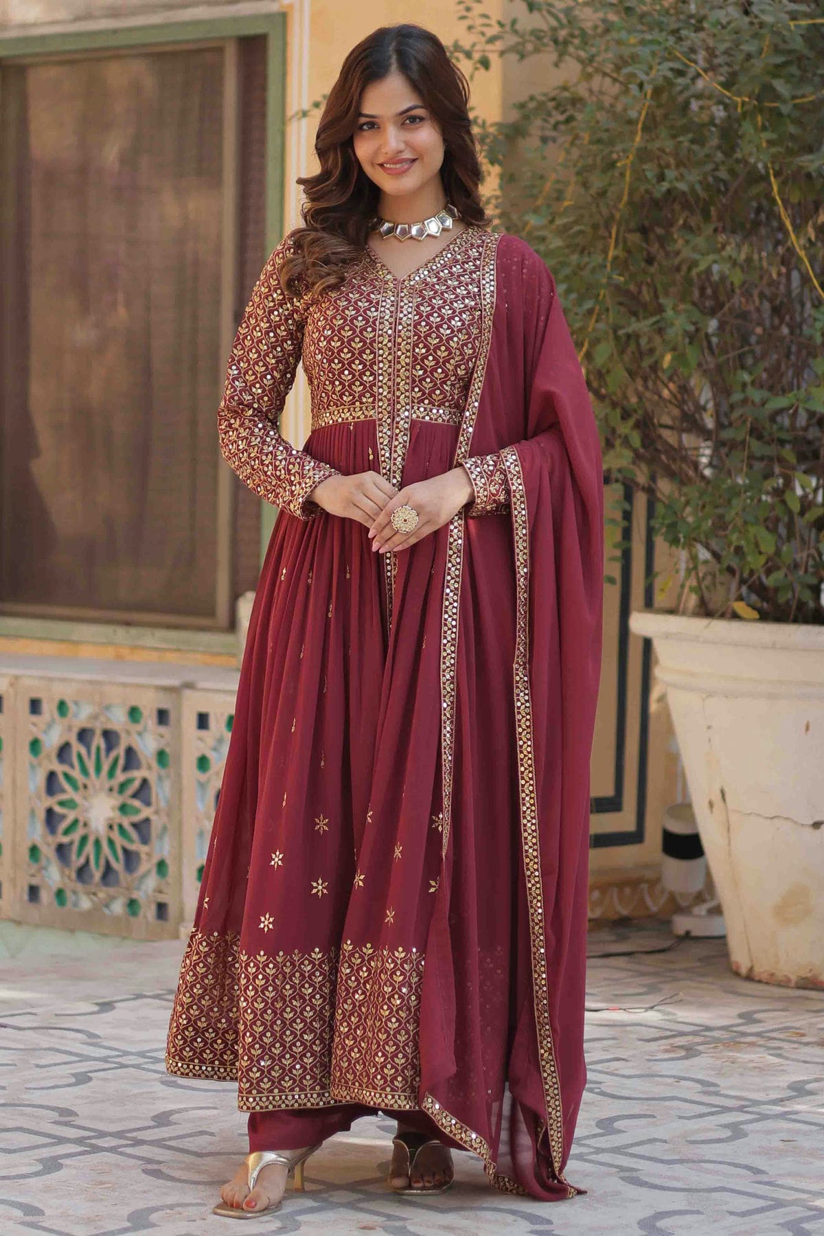 Maroon Colour Stitched Faux Georgette Gown VSGW1112811