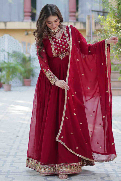 Maroon Colour Stitched Faux Georgette Gown