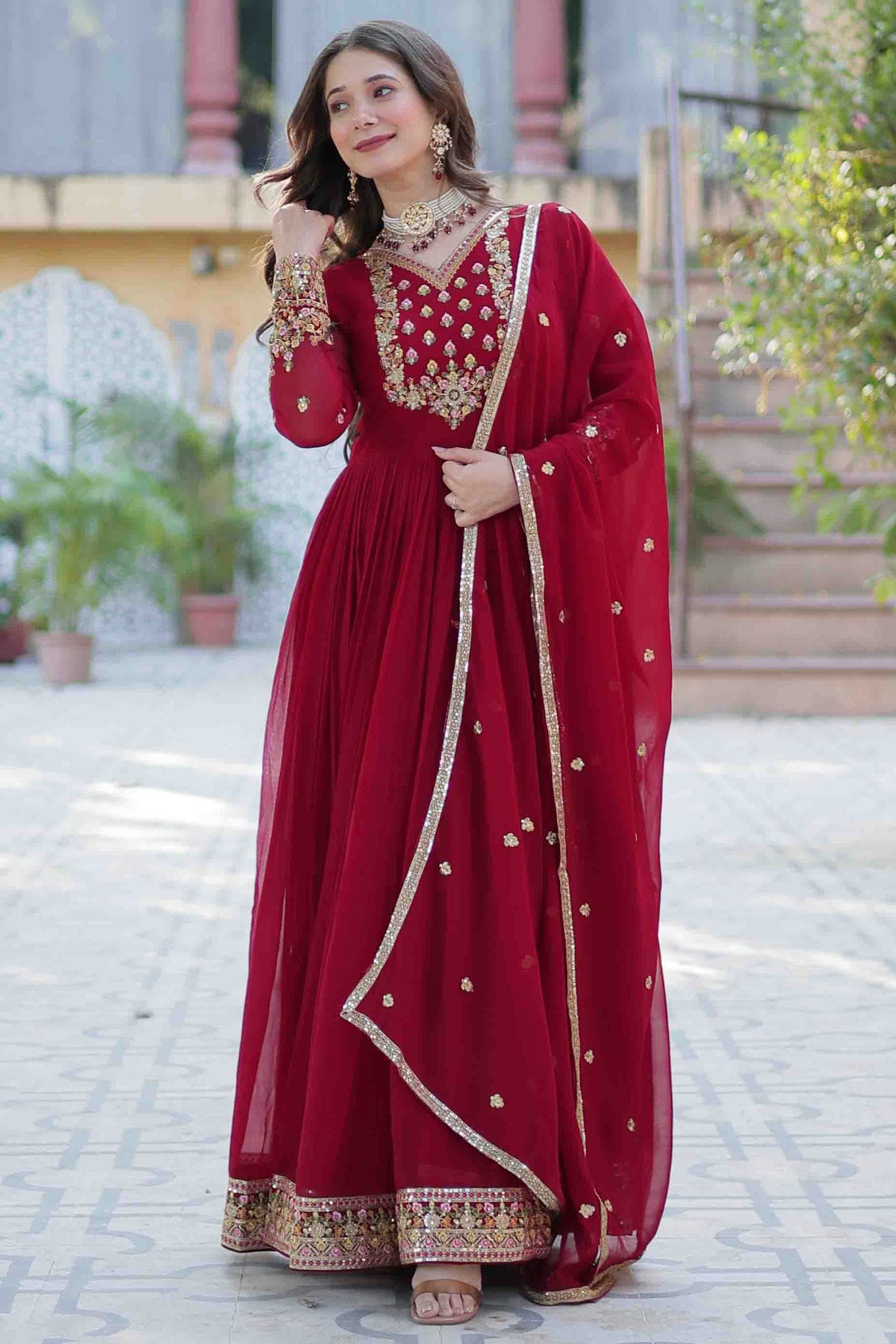 Maroon Colour Stitched Faux Georgette Gown VSGW1112812