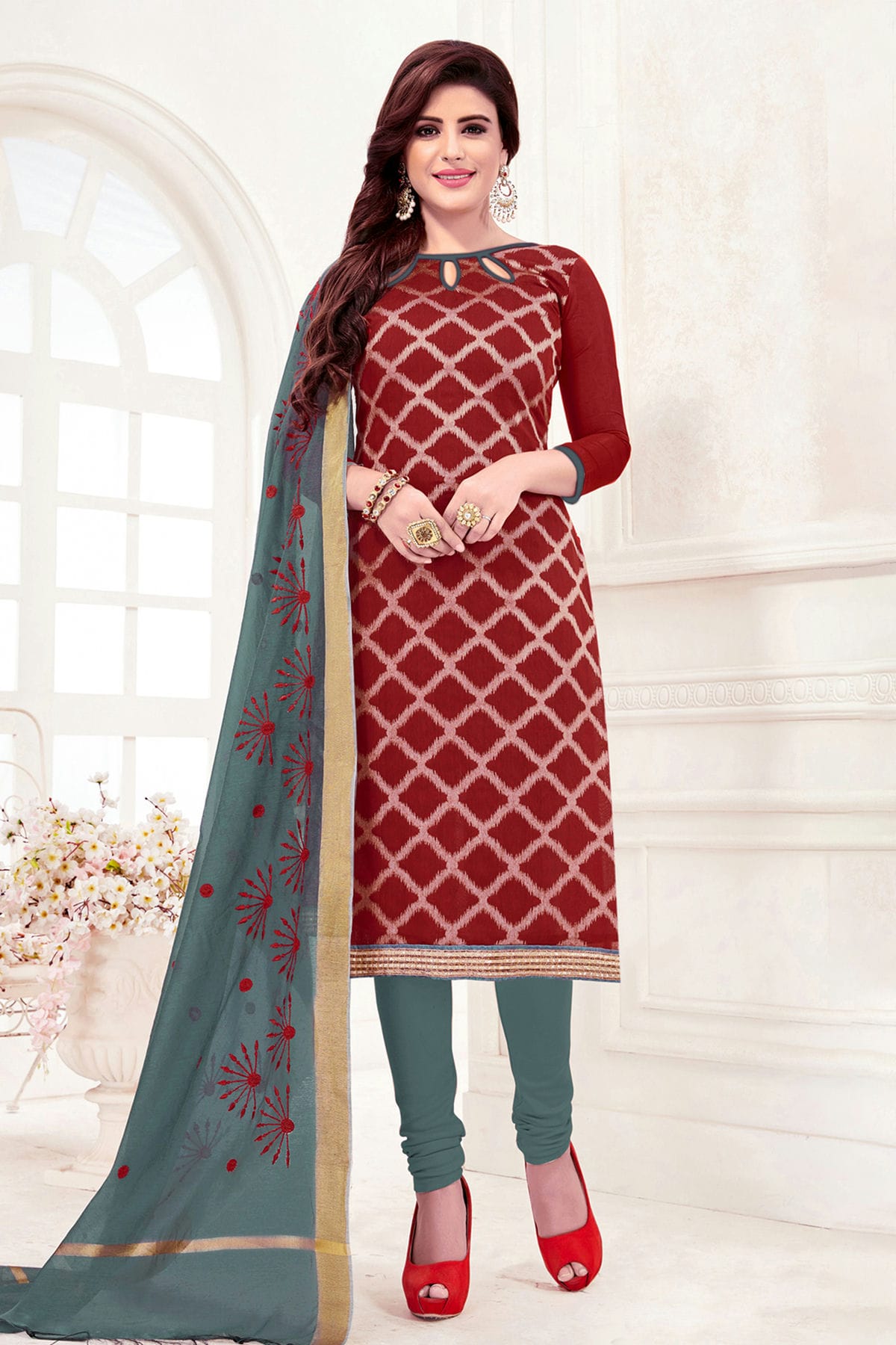 Maroon Colour Unstitched Banarasi Jacquard Churidar Suit