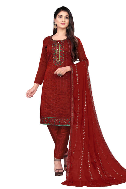 Maroon Colour Unstitched Chanderi Cotton Straight Suit