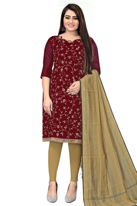 Maroon Colour Unstitched Chanderi Straight Suit