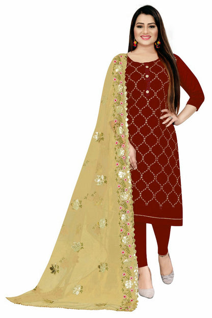 Maroon Colour Unstitched Chanderi Straight Suit