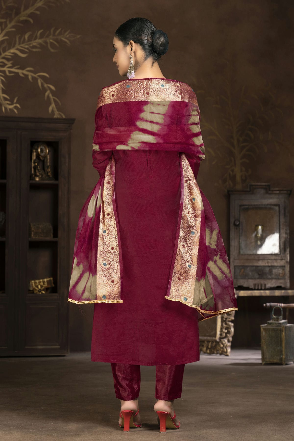 Maroon Colour Unstitched Cotton Jacquard Pant Style Suit