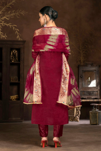 Maroon Colour Unstitched Cotton Jacquard Pant Style Suit