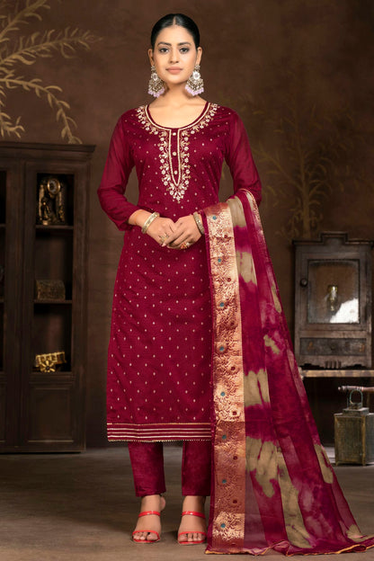 Maroon Colour Unstitched Cotton Jacquard Pant Style Suit