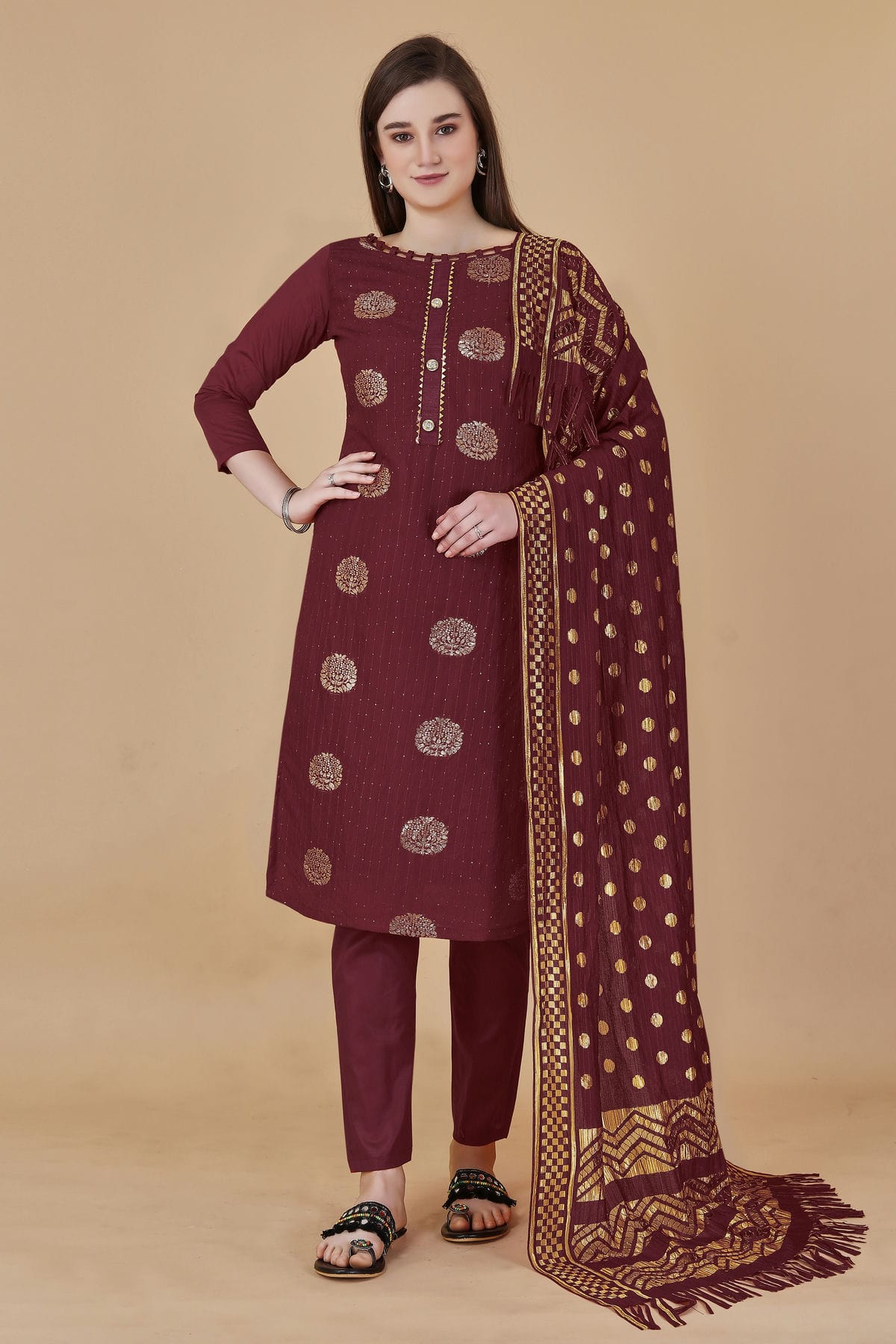 Maroon Colour Unstitched Cotton Jacquard Straight Suit