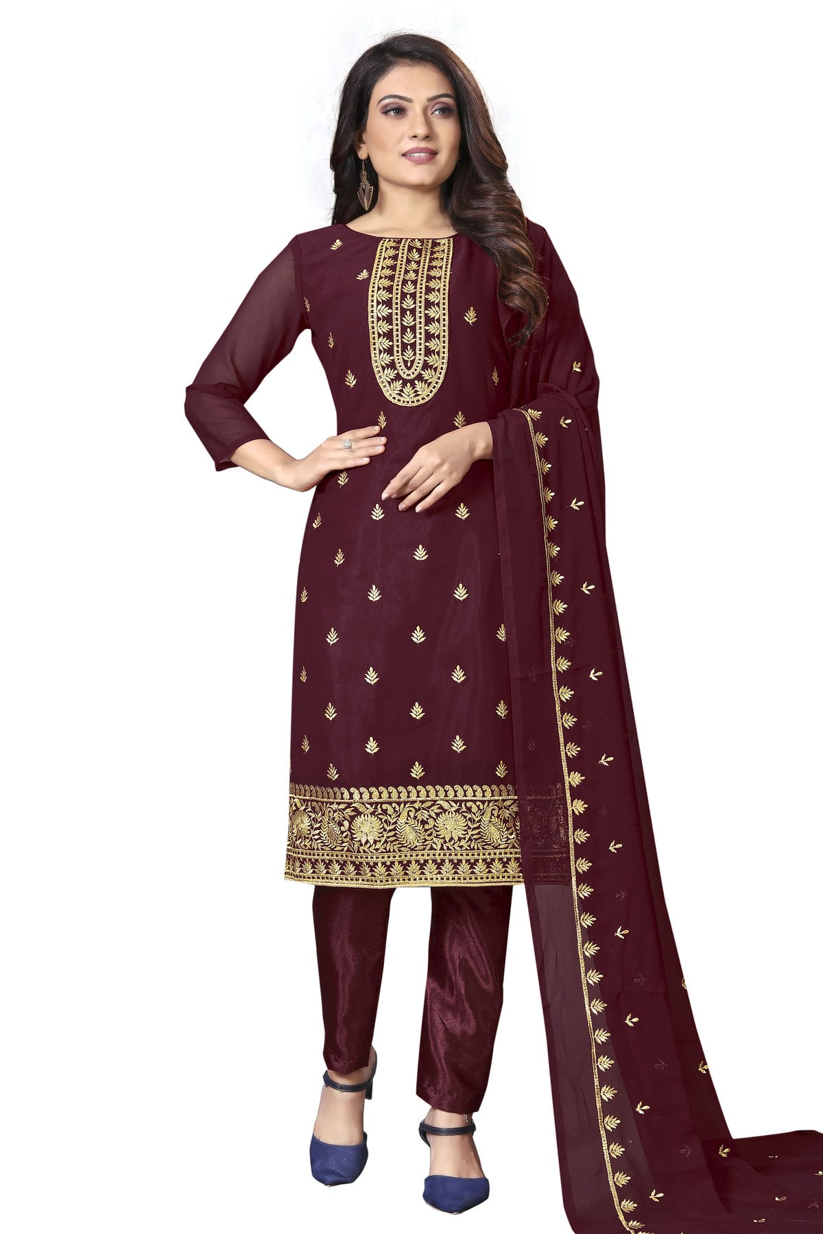 Maroon Colour Unstitched Faux Georgette Straight Suit