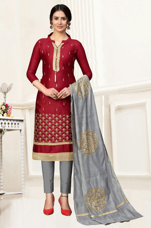 Maroon Colour Unstitched Glass Cotton Straight Suit