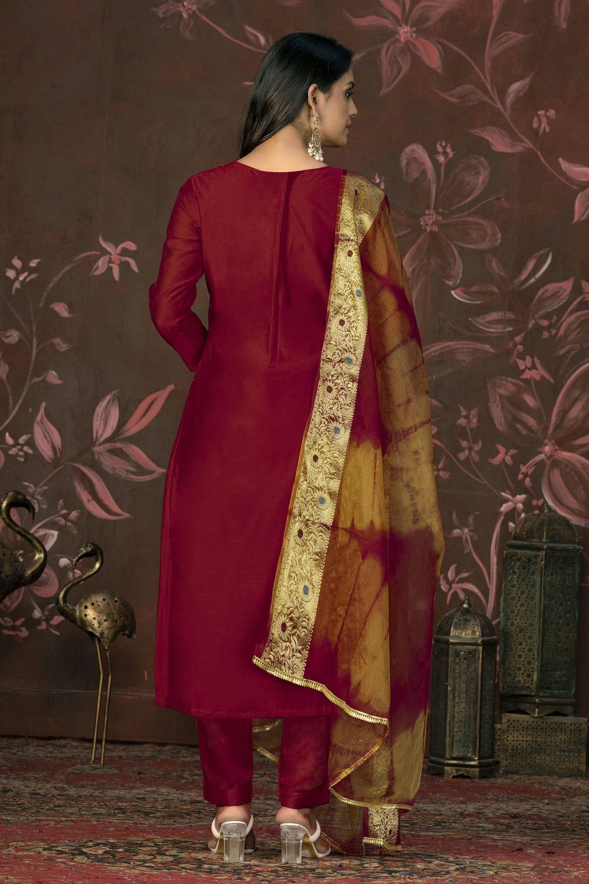 Maroon Colour Unstitched Modal Cotton Pant Style Suit