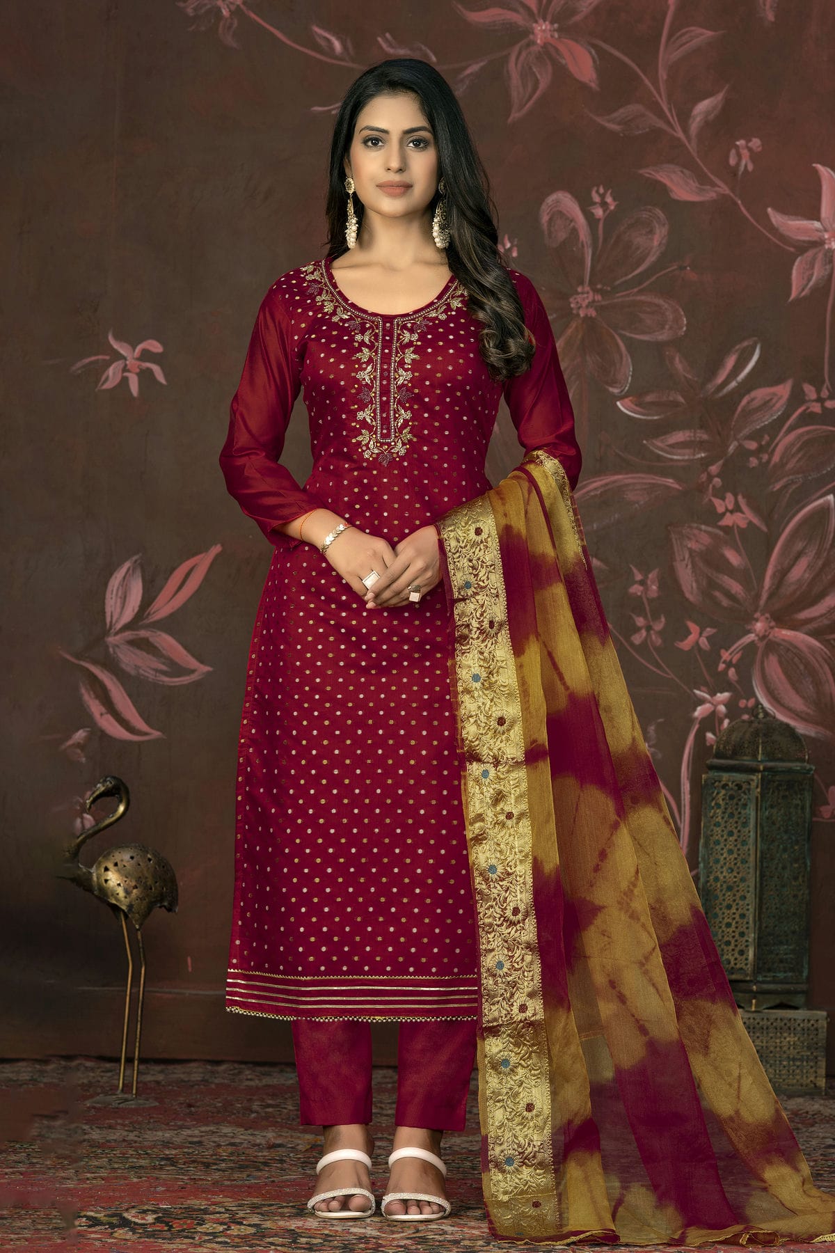 Maroon Colour Unstitched Modal Cotton Pant Style Suit