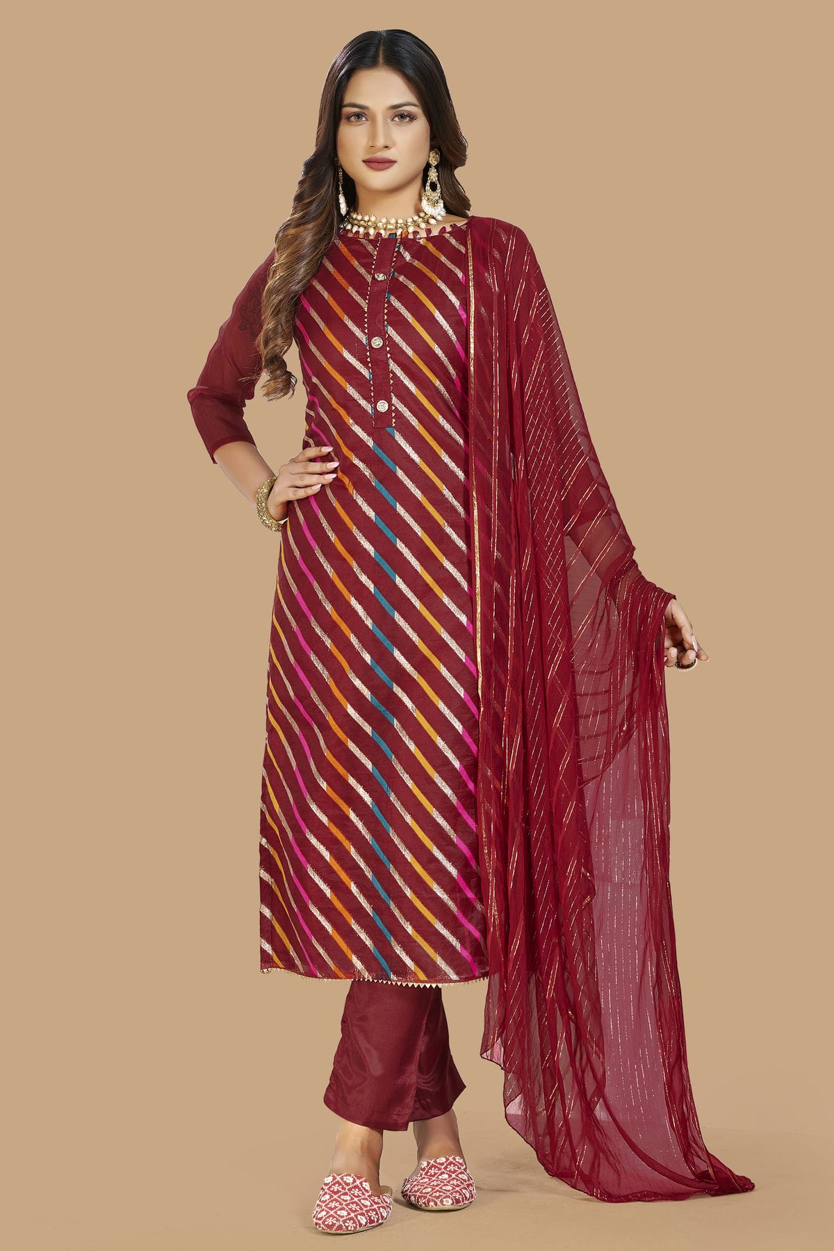 Maroon Colour Unstitched Organza Jacquard Fabric Straight Suit