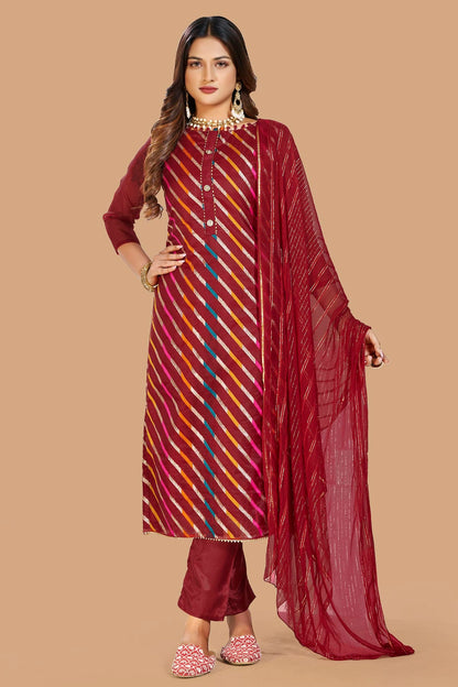 Maroon Colour Unstitched Organza Jacquard Fabric Straight Suit