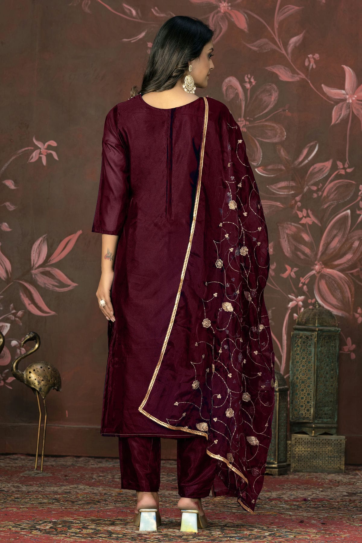 Maroon Colour Unstitched Organza Jacquard Straight Suit