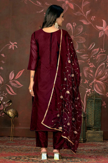 Maroon Colour Unstitched Organza Jacquard Straight Suit