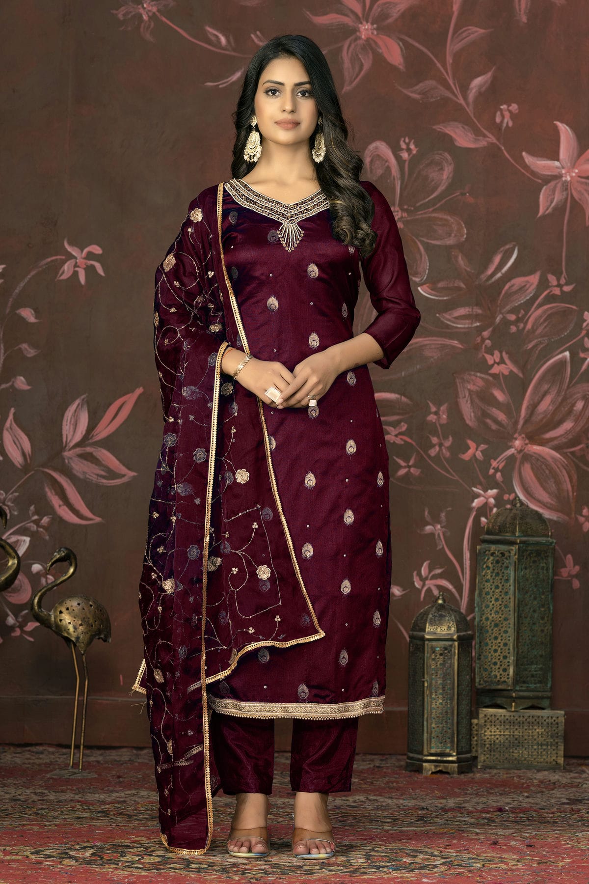 Maroon Colour Unstitched Organza Jacquard Straight Suit