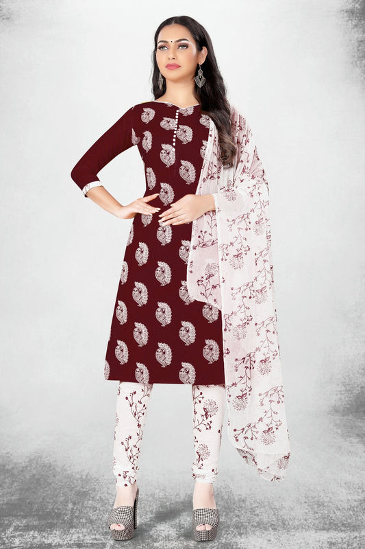 Maroon Colour Unstitched Slub Cotton Churidar Suit