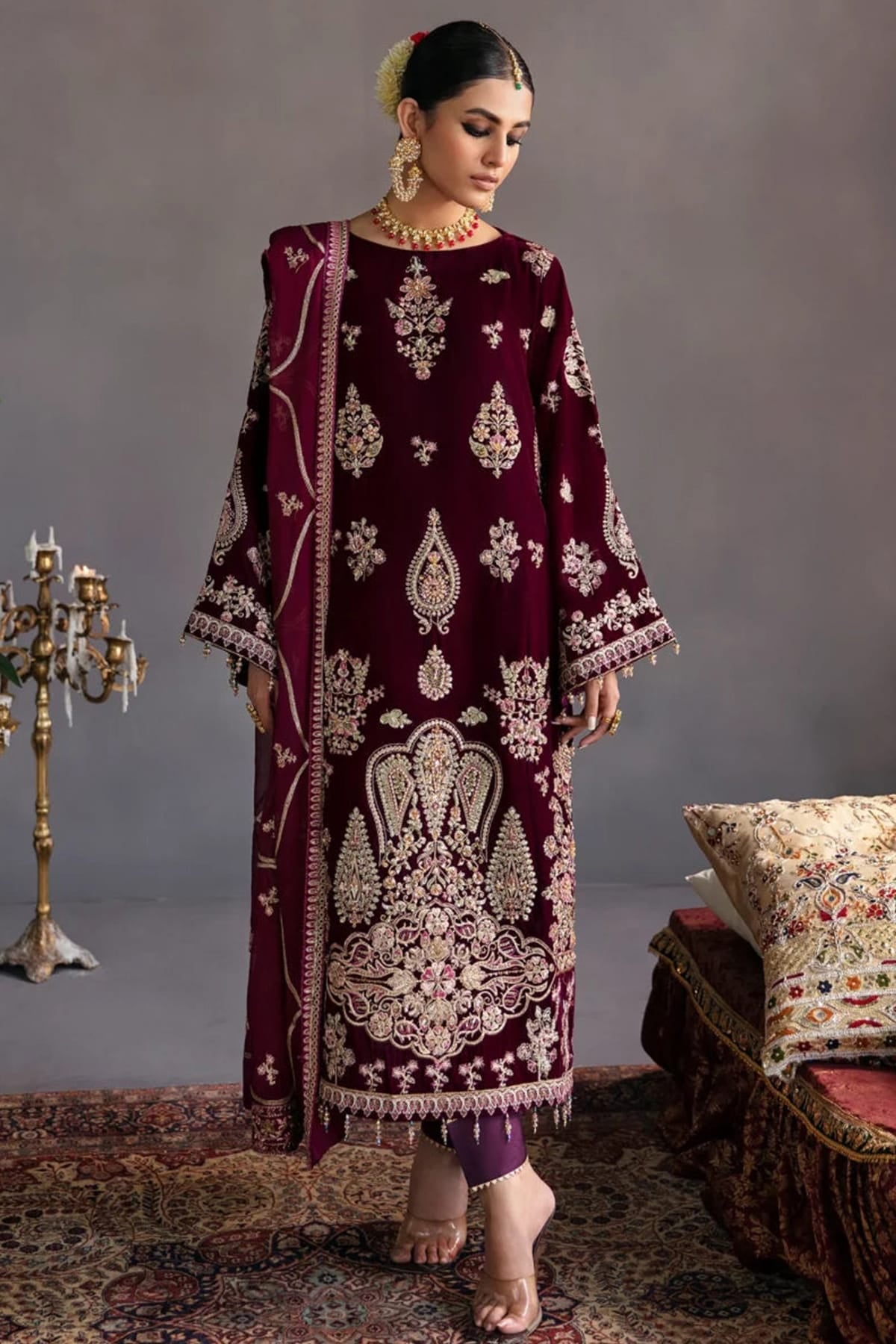 Maroon Colour Velvet Semi Stitched Pakistani Suit