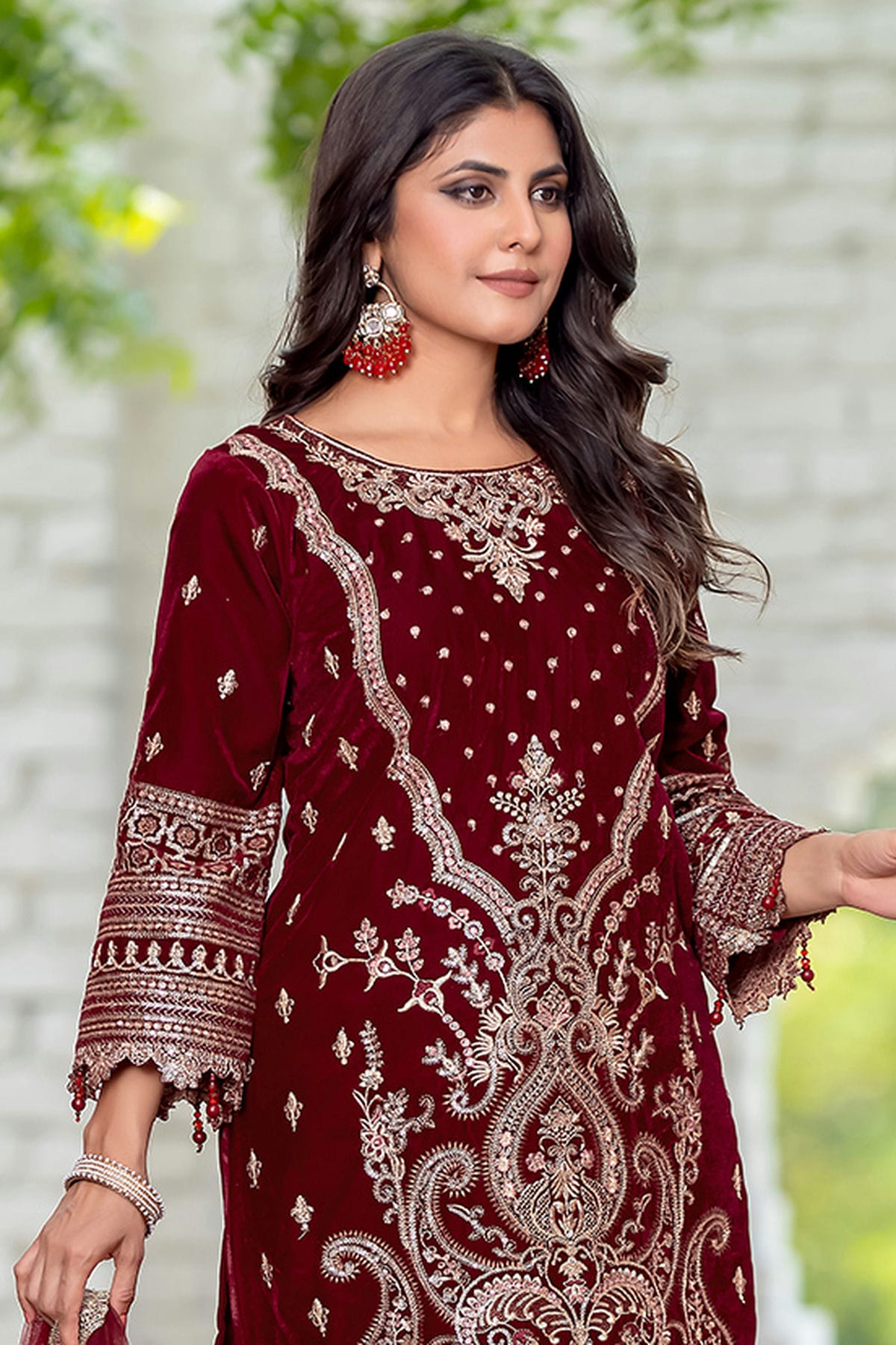 Maroon Colour Velvet Semi Stitched Pakistani Suit