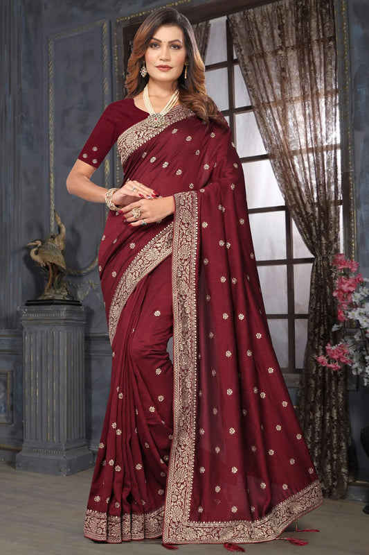 Maroon Colour Vichitra Bloming Designer Saree