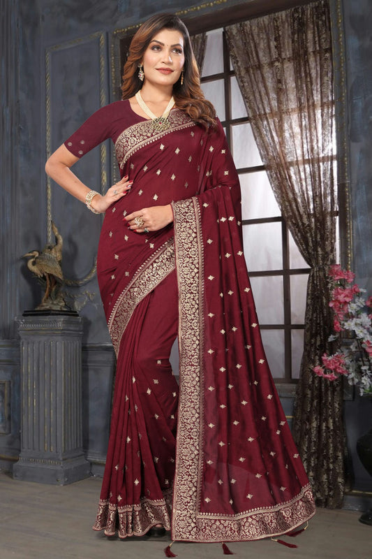 Maroon Colour Vichitra Bloming Designer Saree