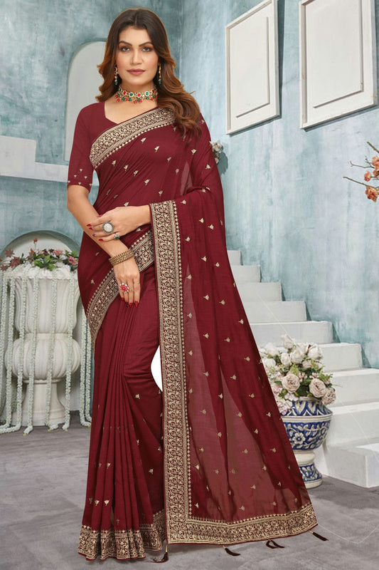 Maroon Colour Vichitra Bloming Designer Saree