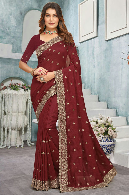 Maroon Colour Vichitra Bloming Designer Saree