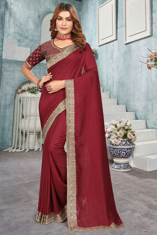 Maroon Colour Vichitra Bloming Designer Saree