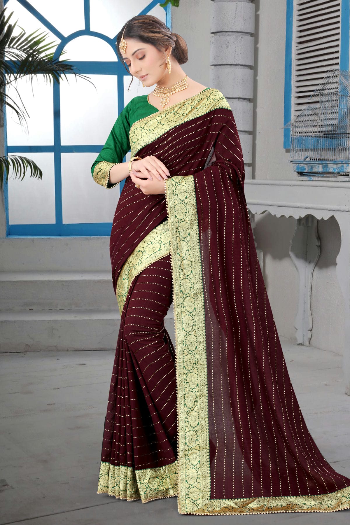 Maroon Colour Vichitra Silk Designer Saree