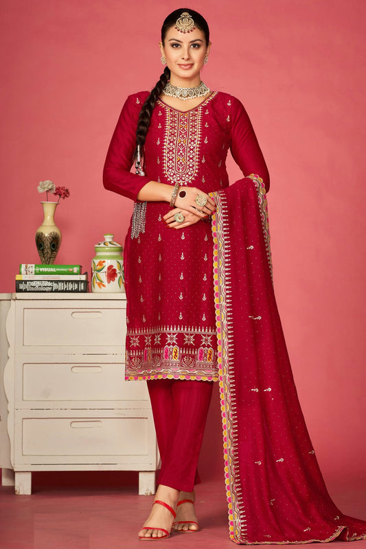 Maroon Colour Vichitra Silk Pant Style Suit