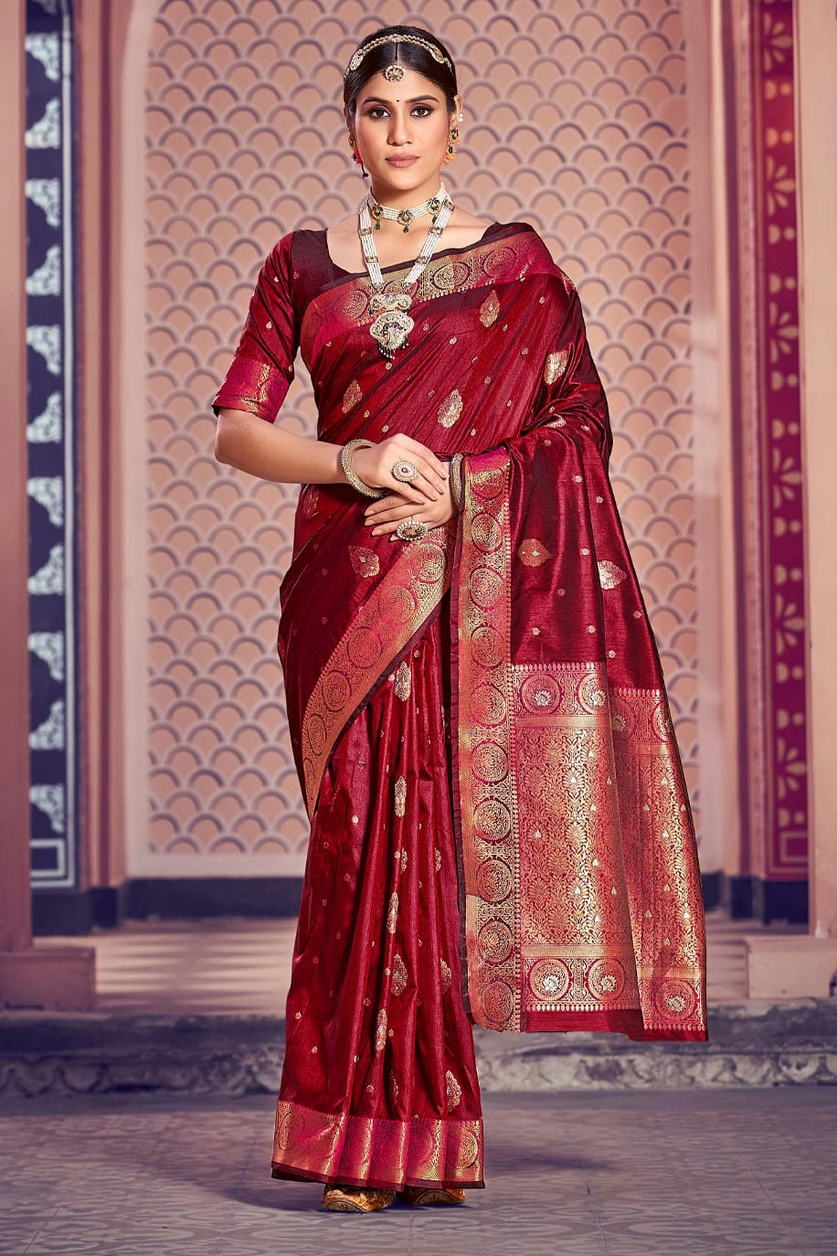 Maroon Colour Woven Work Banarasi Silk Saree