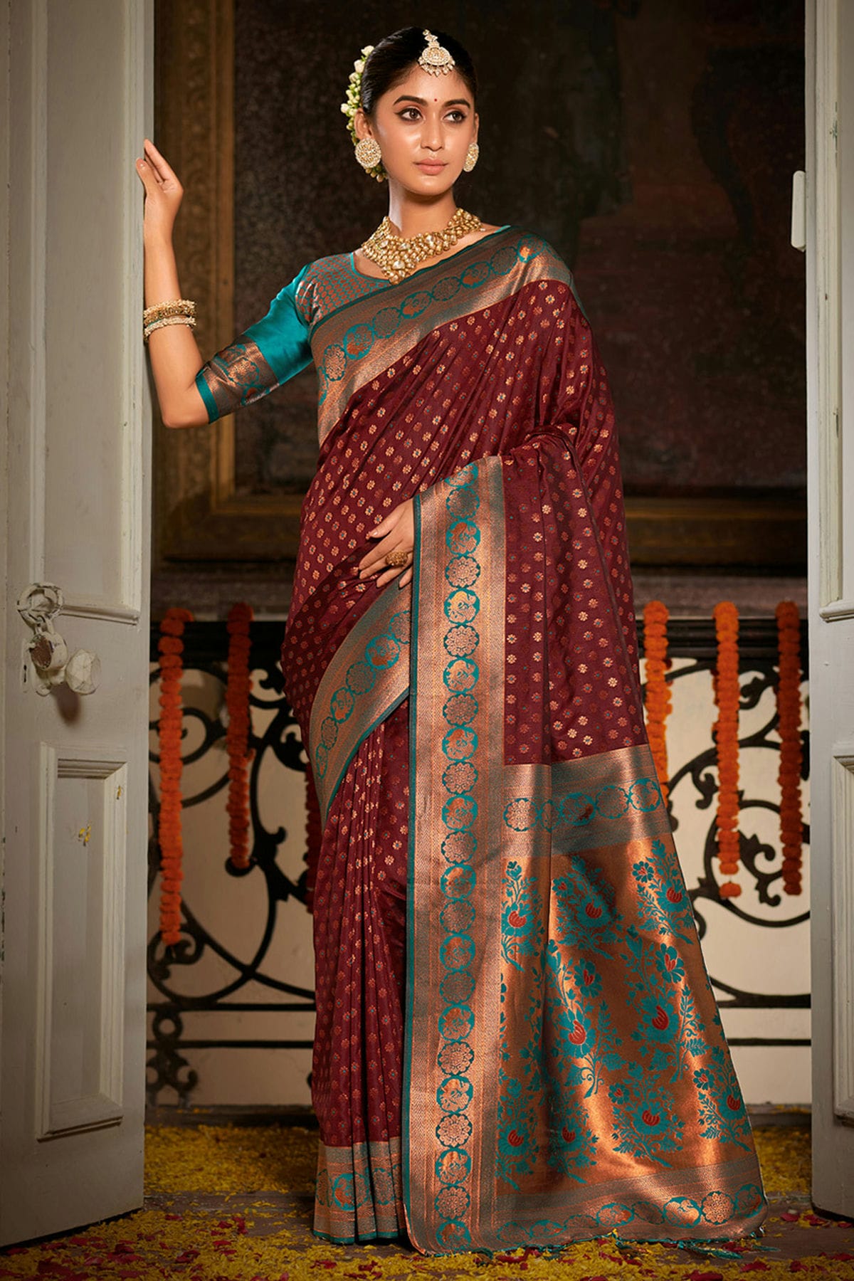 Maroon Colour Woven Work Banarasi Silk Saree