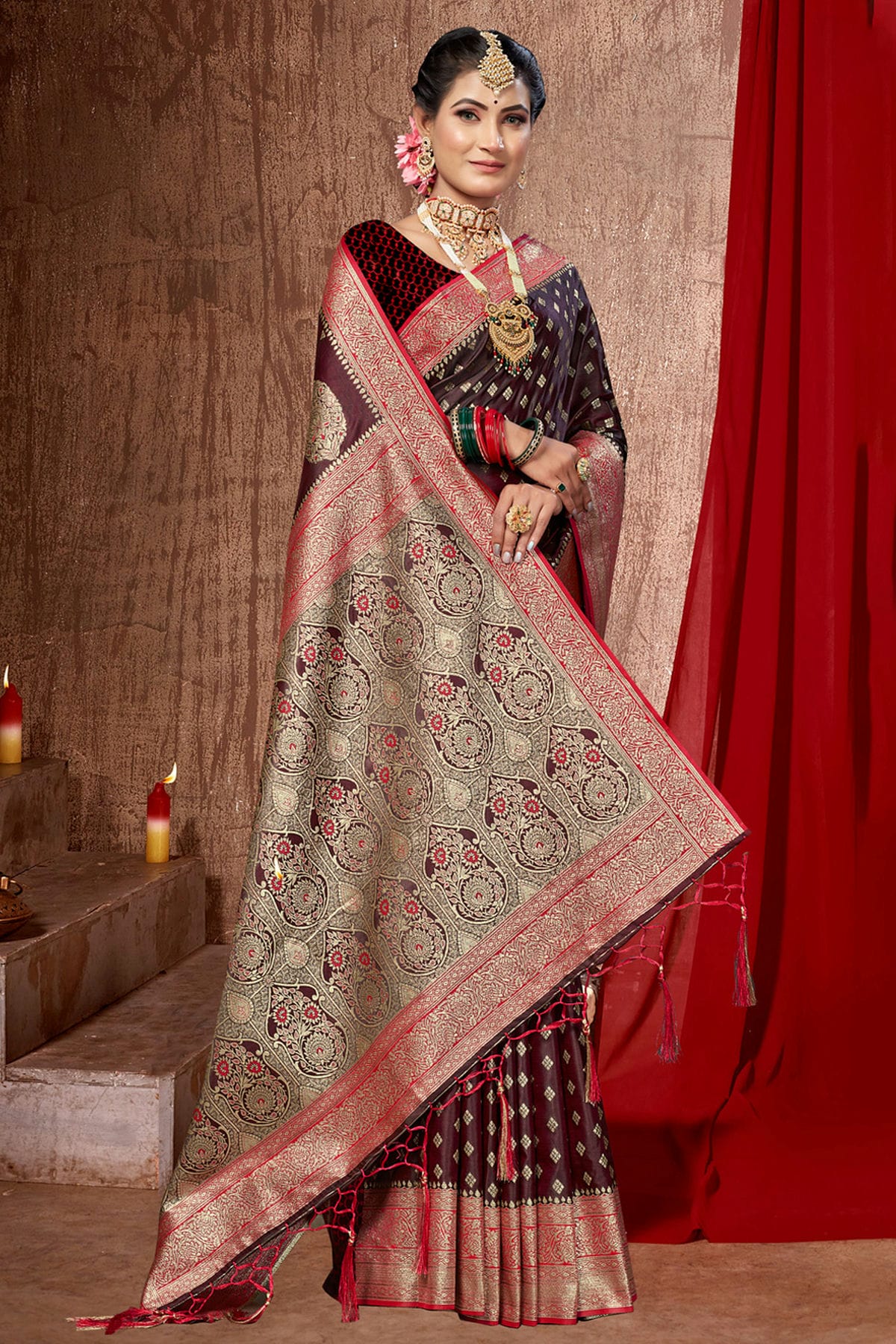 Maroon Colour Woven Work Banarasi Silk Saree